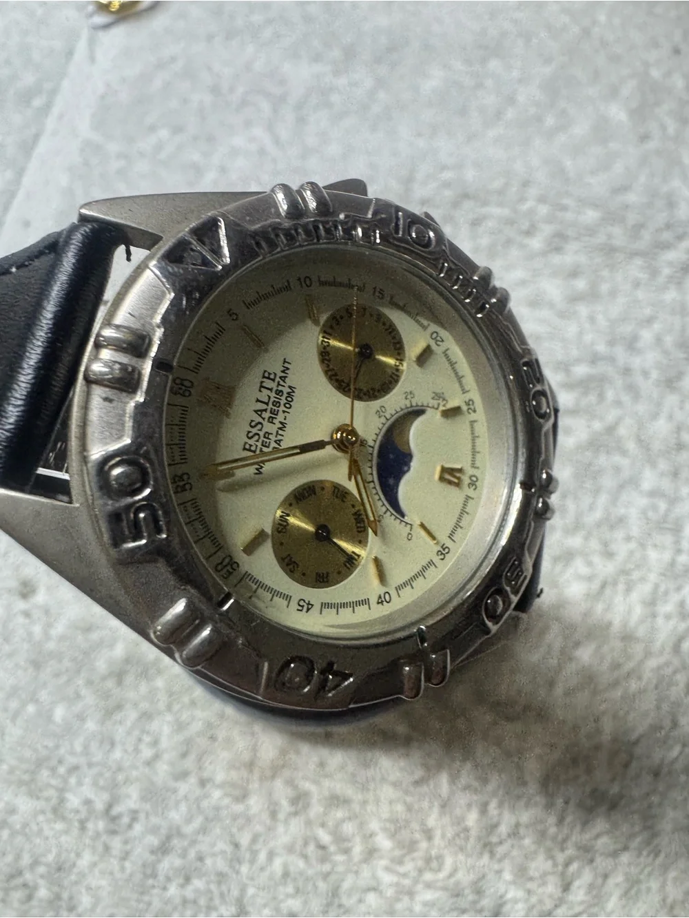 Men’s Black Leather Strap Watch with Cream Dial and Moonphase